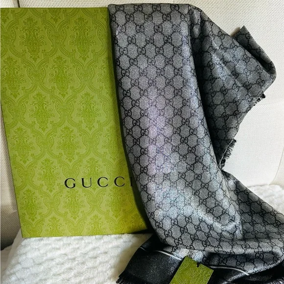 Gucci Scarf, Black and Gray with Iconic GG logo, NWT - Picture 7 of 12